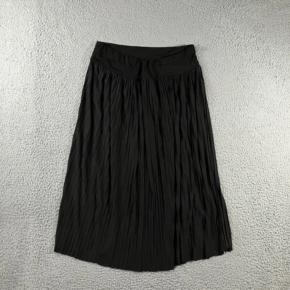 Pleated‎ Skirt L Black Accordion Midi A-Line Elastic Waist
